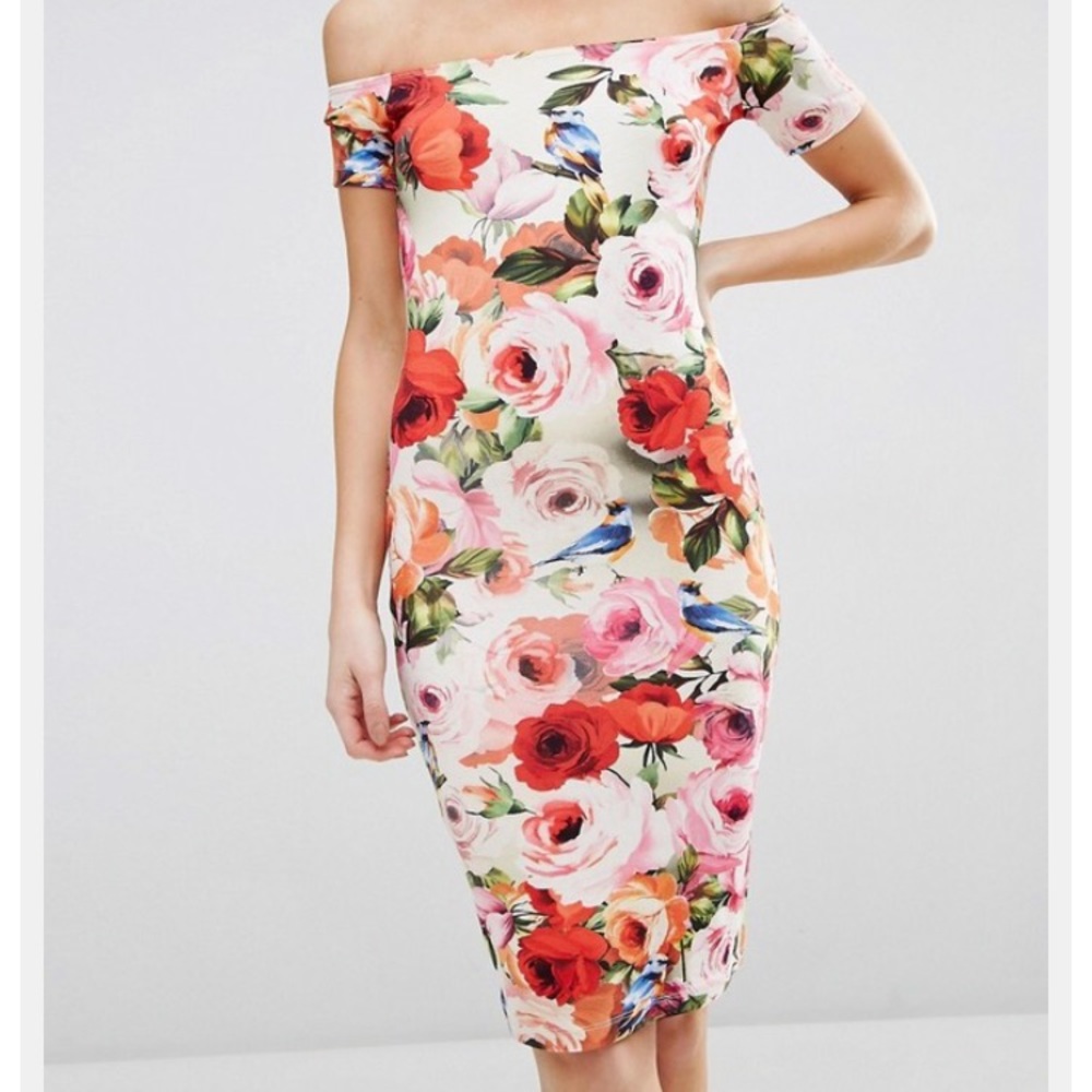 ASOS Off-Shoulder Floral Midi Dress in Cream, Red, Pink